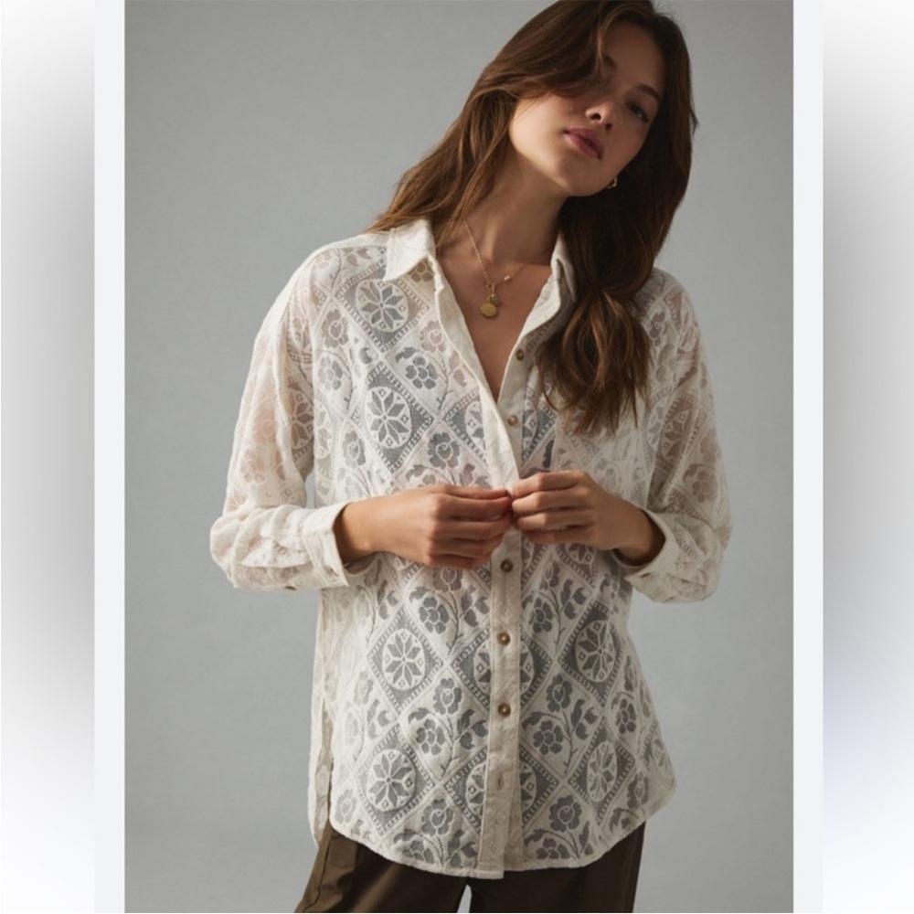 Anthropologie Pilcro White Lace Button Down Blouse
